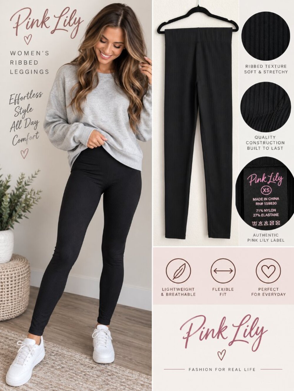 Pink Lily Women’s XS Black Ribbed High Rise Leggings.   (G)